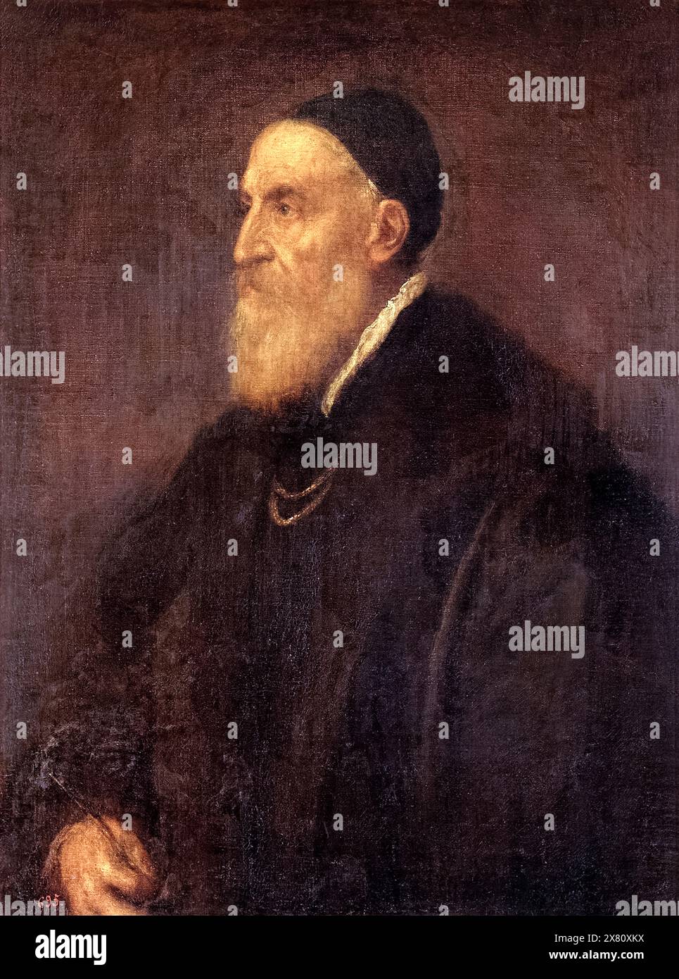 Autoritratto di Tiziano dell'artista veneziano Tiziano (c.1490-1576) dipinto intorno al 1567 indossando una catena nera e dorata che mostra la sua appartenenza ai Cavalieri dello sperone d'oro del Sacro Romano Impero. Crediti: Museo del Prado / Archivio universale d'Arte Foto Stock