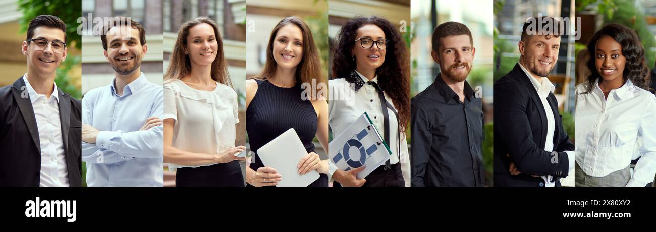 Ritratto di diversi uomini d'affari, uomini e donne che sorridono e mostrano fiducia. lavoro di squadra multirazziale. Cooperazione Foto Stock