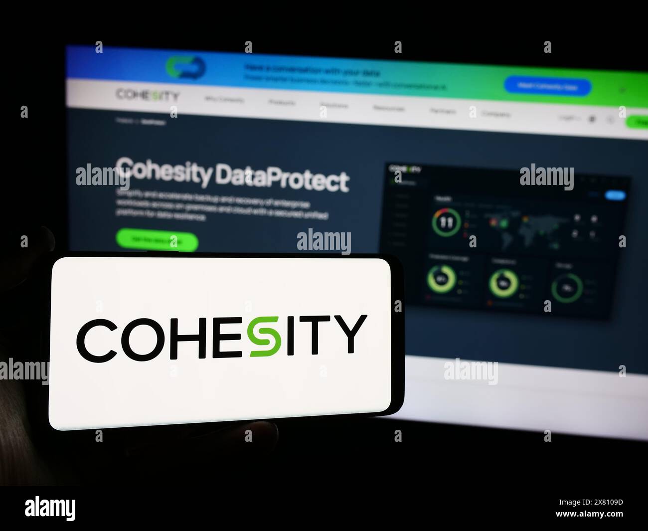 Persona che possiede un telefono cellulare con il logo della società americana di gestione dati Cohesity Inc. Di fronte alla pagina Web aziendale. Mettere a fuoco il display del telefono. Foto Stock