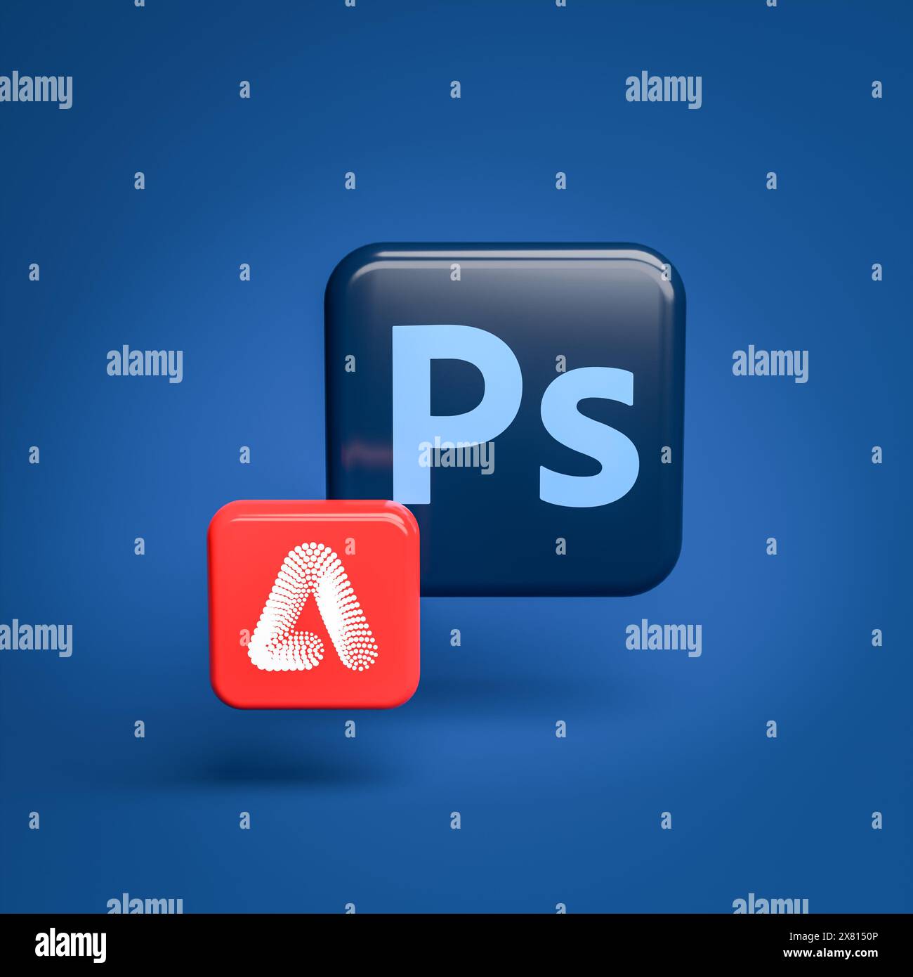 Concetto: Adobe Photoshop sta integrando sempre più funzionalità ai Firefly. Logo di Adobe Photoshop con un logo più piccolo di Adobe Firefly davanti Foto Stock