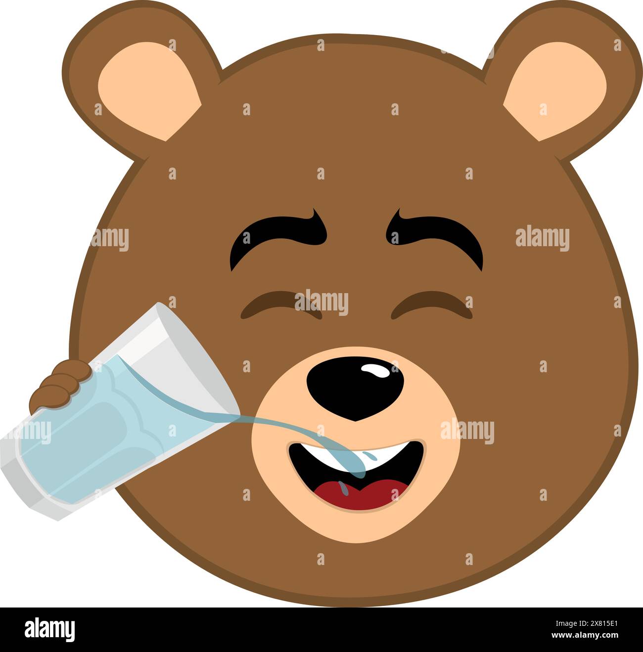 illustrazione vettoriale faccia marrone orso grizzly cartone animato, acqua potabile vetro Illustrazione Vettoriale