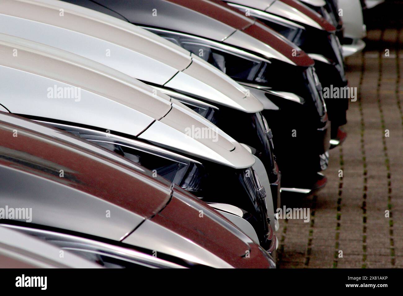 Linee di veicoli elettrici Nissan Leaf di nuova importazione in una piccola area di detenzione presso Southampton Docks, Hampshire, prima della distribuzione britannica ai concessionari. Foto Stock