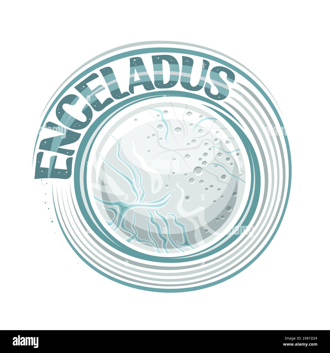 Logo vettoriale per Enceladus Moon, stampa cosmo decorativa con satellite rotante con crateri sulla superficie della crosta di ghiaccio, adesivo spaziale con un'esclusiva lettera a pennello Illustrazione Vettoriale