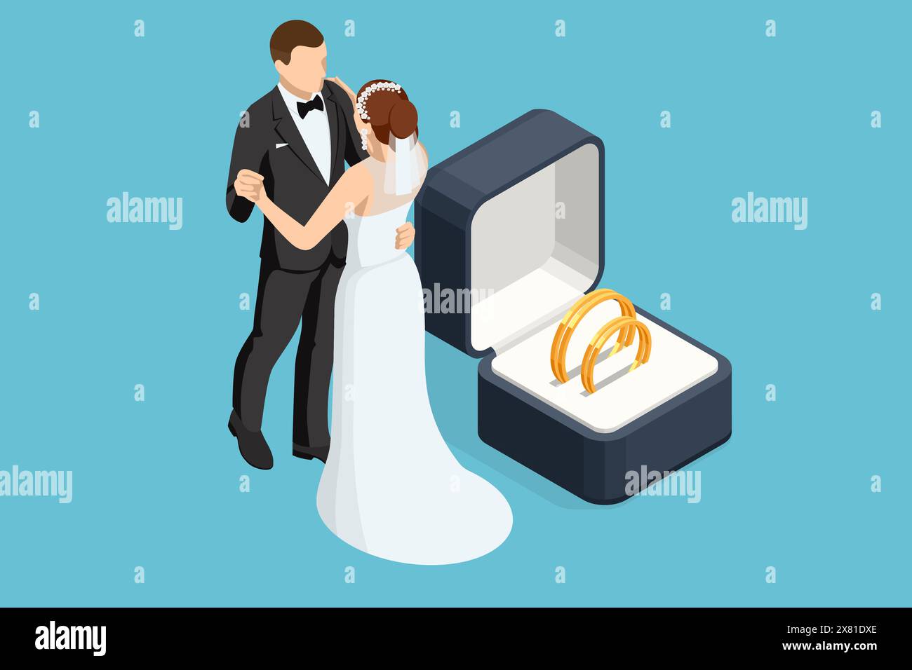 Fedi nuziali Isometric Golden in una confezione regalo, lo sposo con un abito e la sposa con un abito da sposa marrone. Cerimonia di nozze. Il giorno del matrimonio. Illustrazione Vettoriale