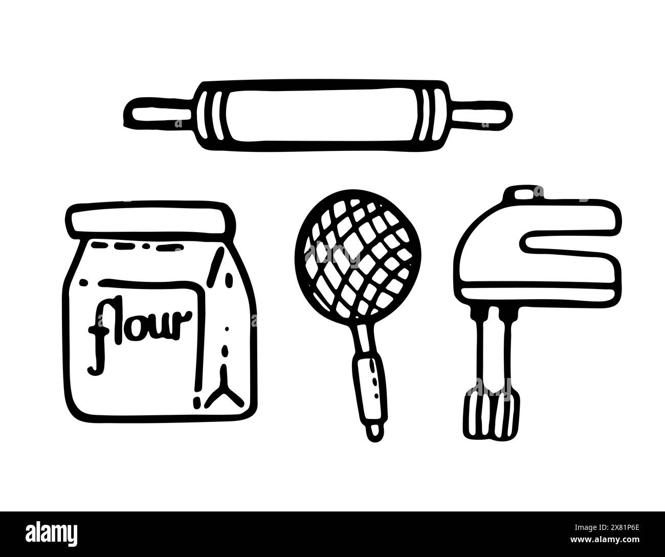 Set di icone degli utensili da cucina, illustrazione vettoriale in bianco e nero isolata su sfondo bianco Illustrazione Vettoriale