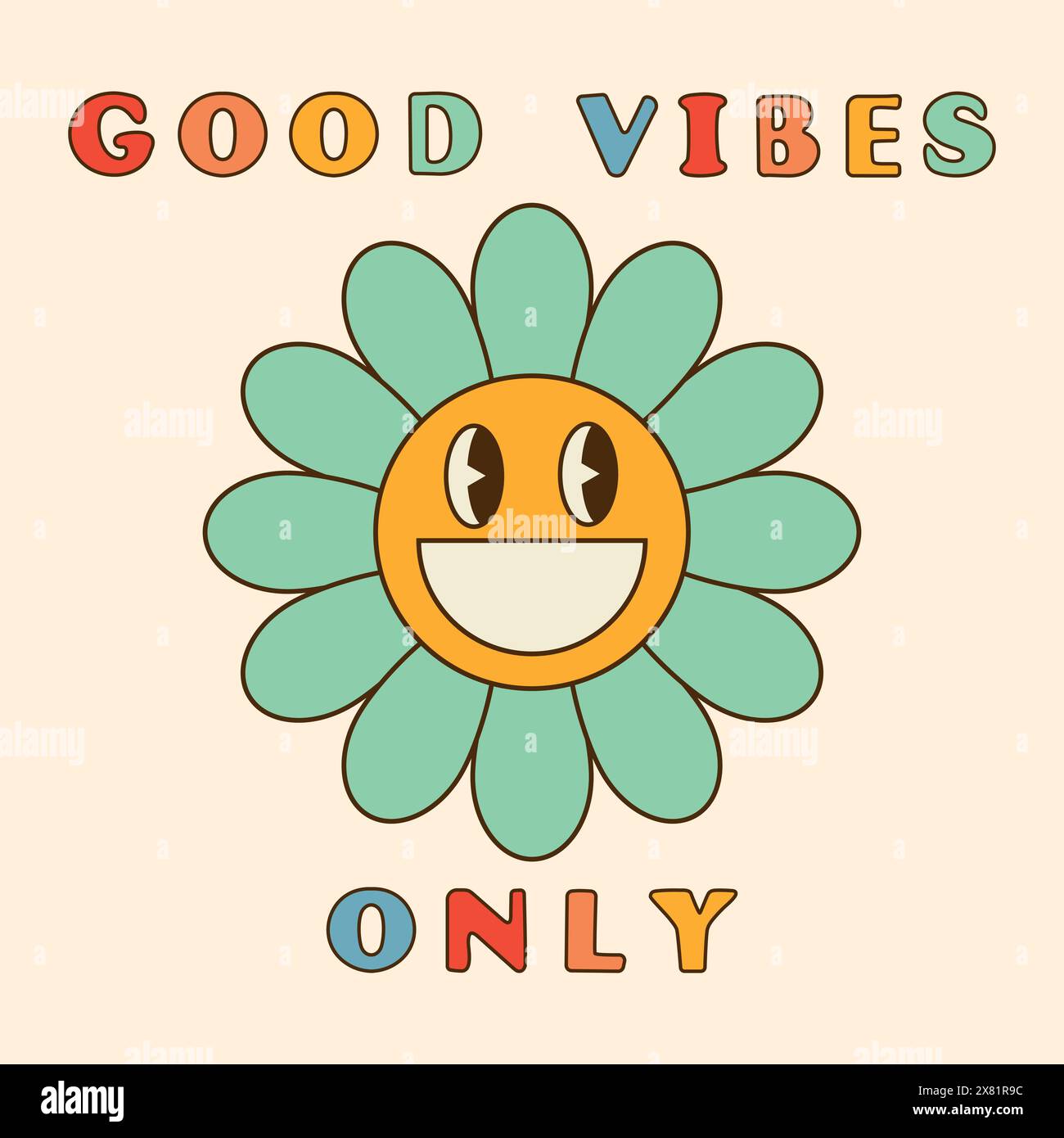 Buone vibrazioni solo sfondo da slogan goy. Sorridente funky daisy Flower. Stile Hippie retrò del 70S. Illustrazione vettoriale Illustrazione Vettoriale