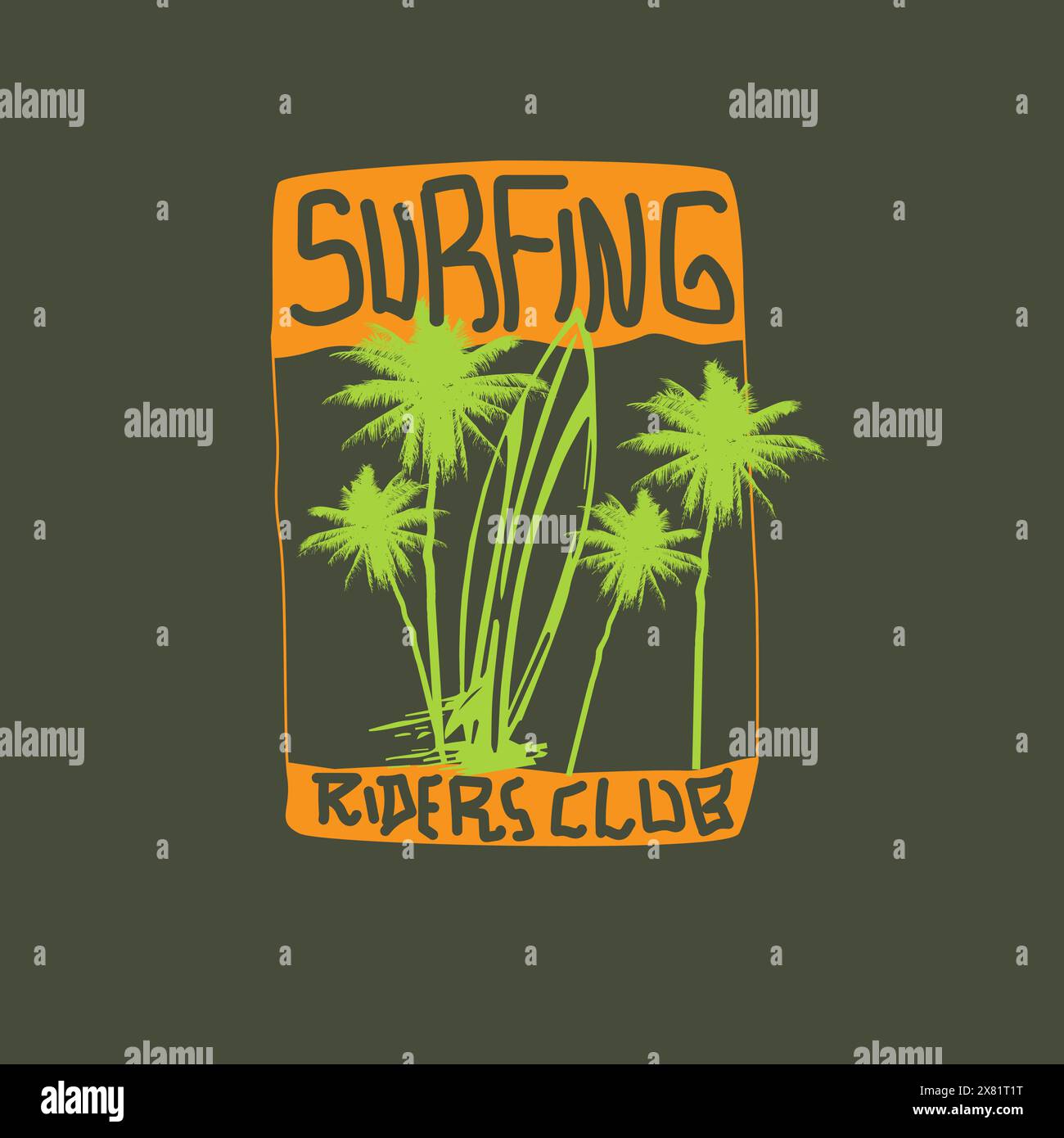 Surf Riders Club spiaggia estiva surf design palme Illustrazione Vettoriale