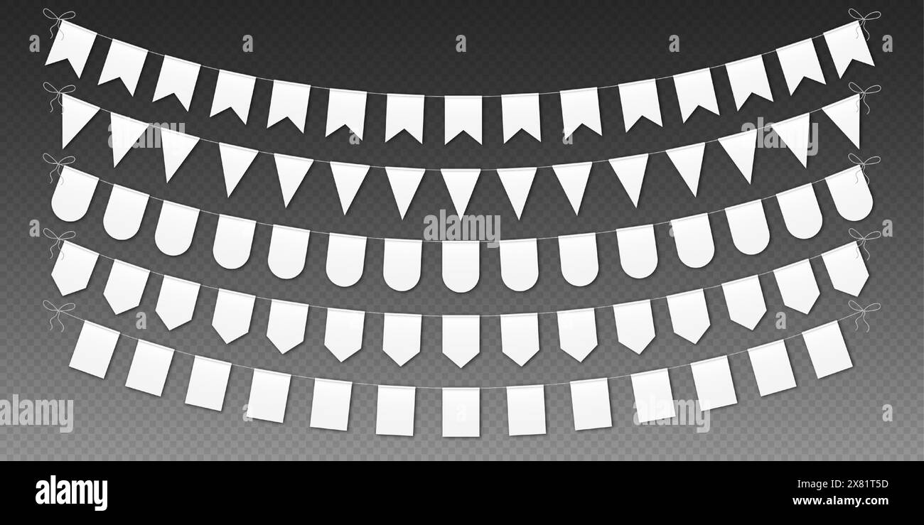 Bandiere di bunting, bandiere per feste di carnevale, pennant natalizi appesi su una corda. Illustrazione Vettoriale