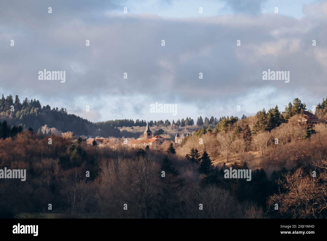 Paesaggio di dicembre in Alvernia, nel centro della Francia Foto Stock