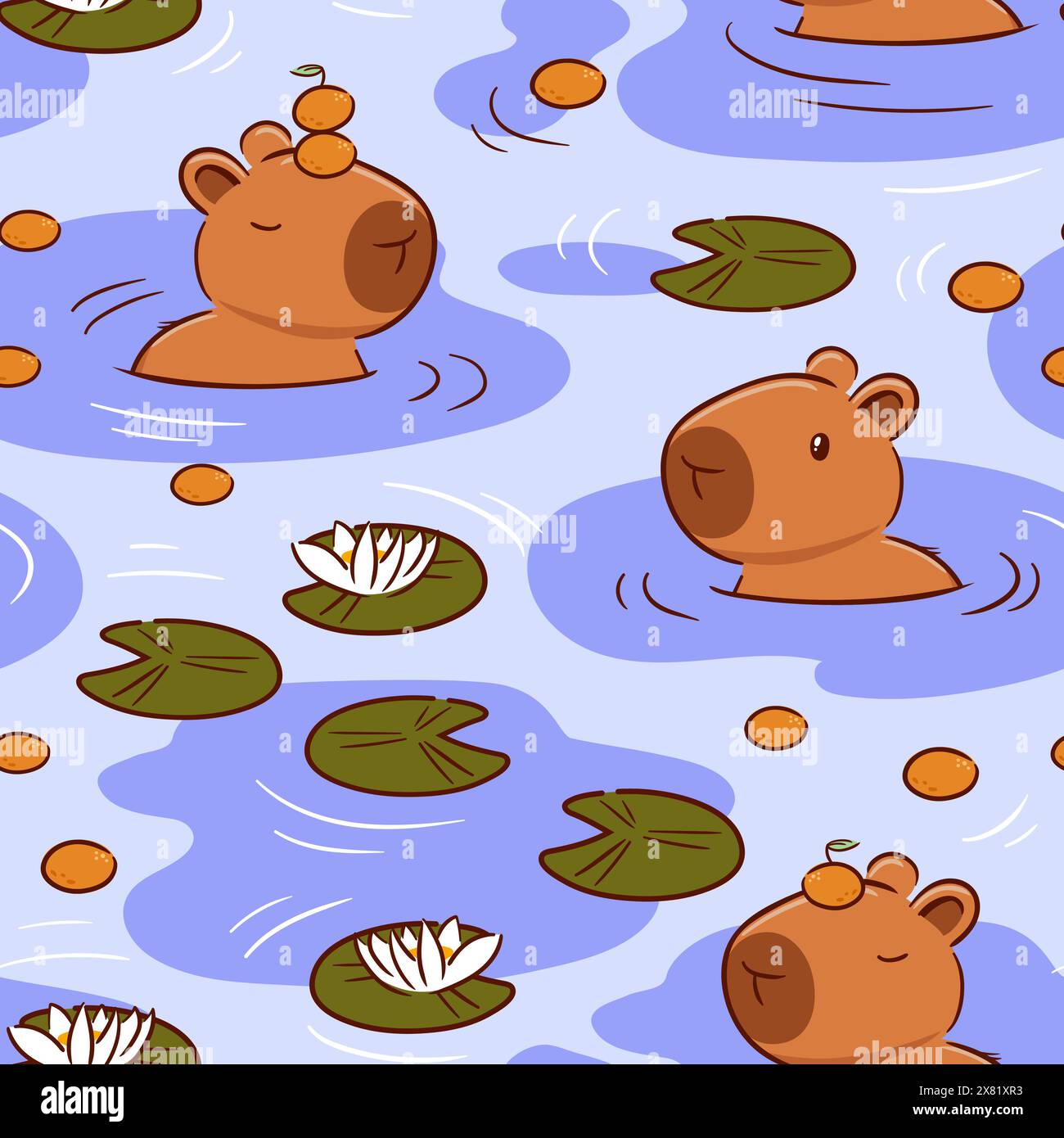 Carino capybara con un mandarino sulla testa in stile kawaii asiatico. Personaggio dei cartoni animati. Divertente illustrazione vettoriale per adesivi, logo, mascotte, isolata Illustrazione Vettoriale