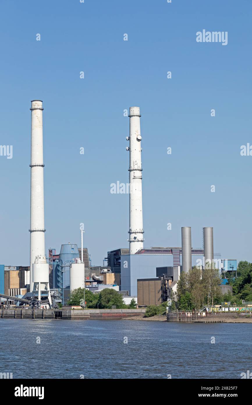 Centrale combinata di calore ed energia elettrica Wedel, fiume Elba, Schleswig-Holstein, Germania Foto Stock