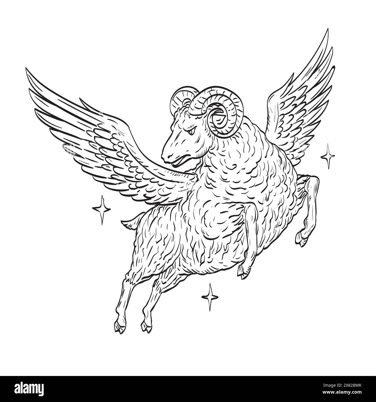 Disegno o illustrazione in stile fumetto di una pecora di montone con ali che volano nel cielo notturno che è un simbolo del vello d'oro visto dall'alto angolo i Illustrazione Vettoriale