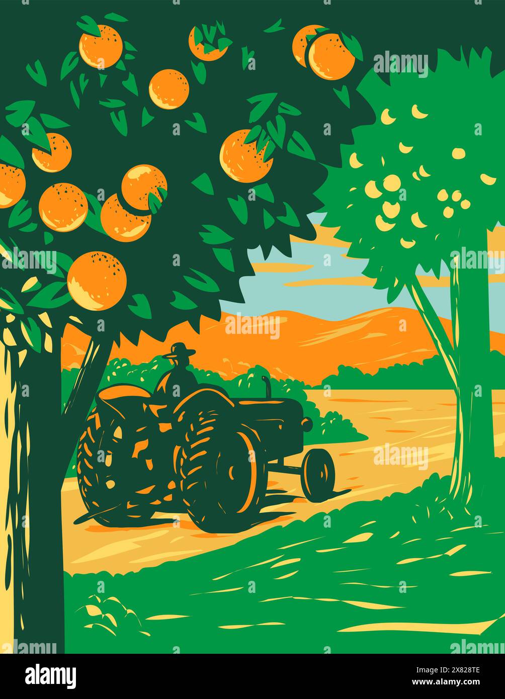 WPA poster arte di un aranceto nella Florida centrale con un agricoltore che guida un trattore d'epoca e montagne in background fatto in lavori progetto adminis Illustrazione Vettoriale