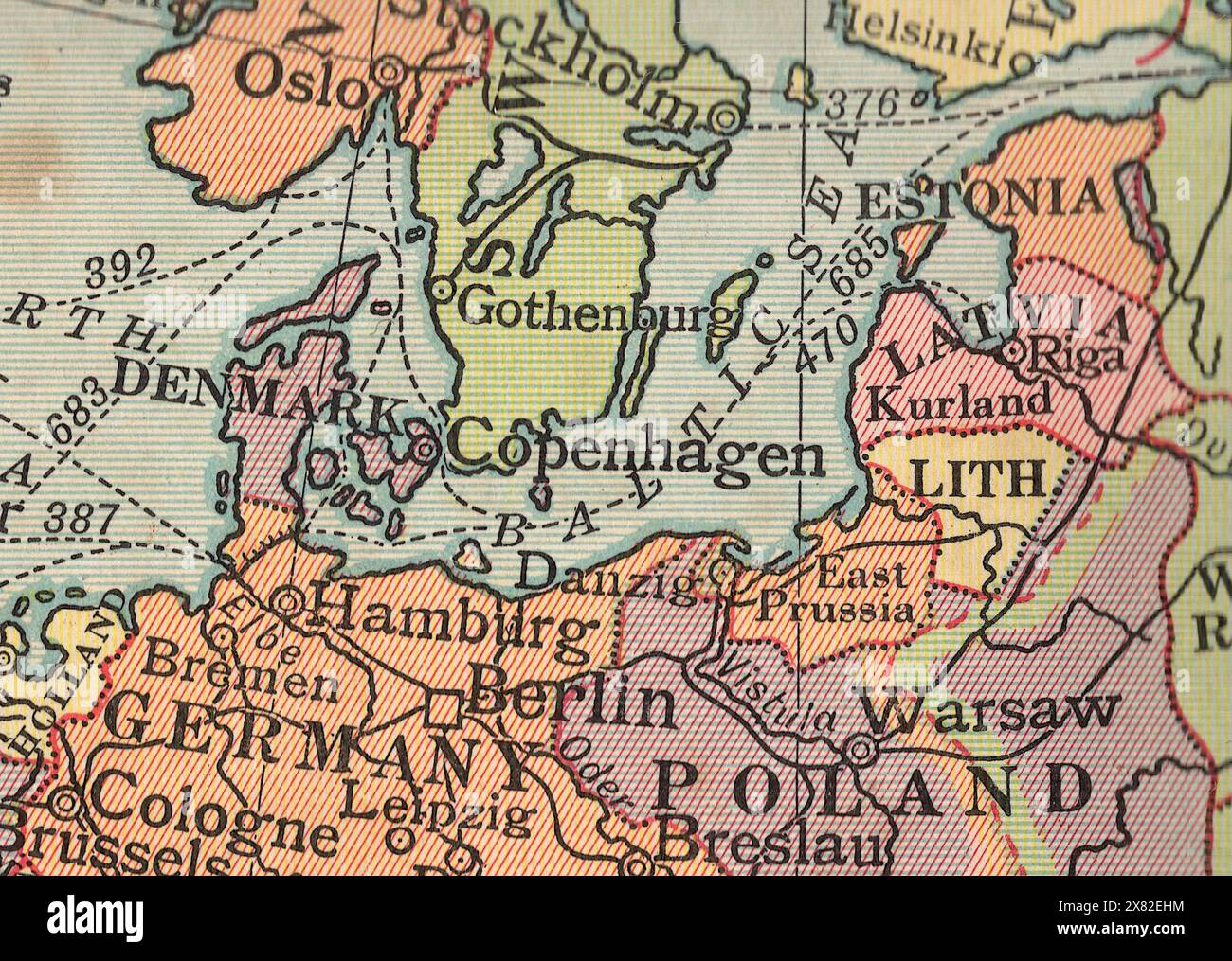 Dettaglio tratto da una mappa politica d'epoca dell'Europa che mostra l'Europa settentrionale. Foto Stock