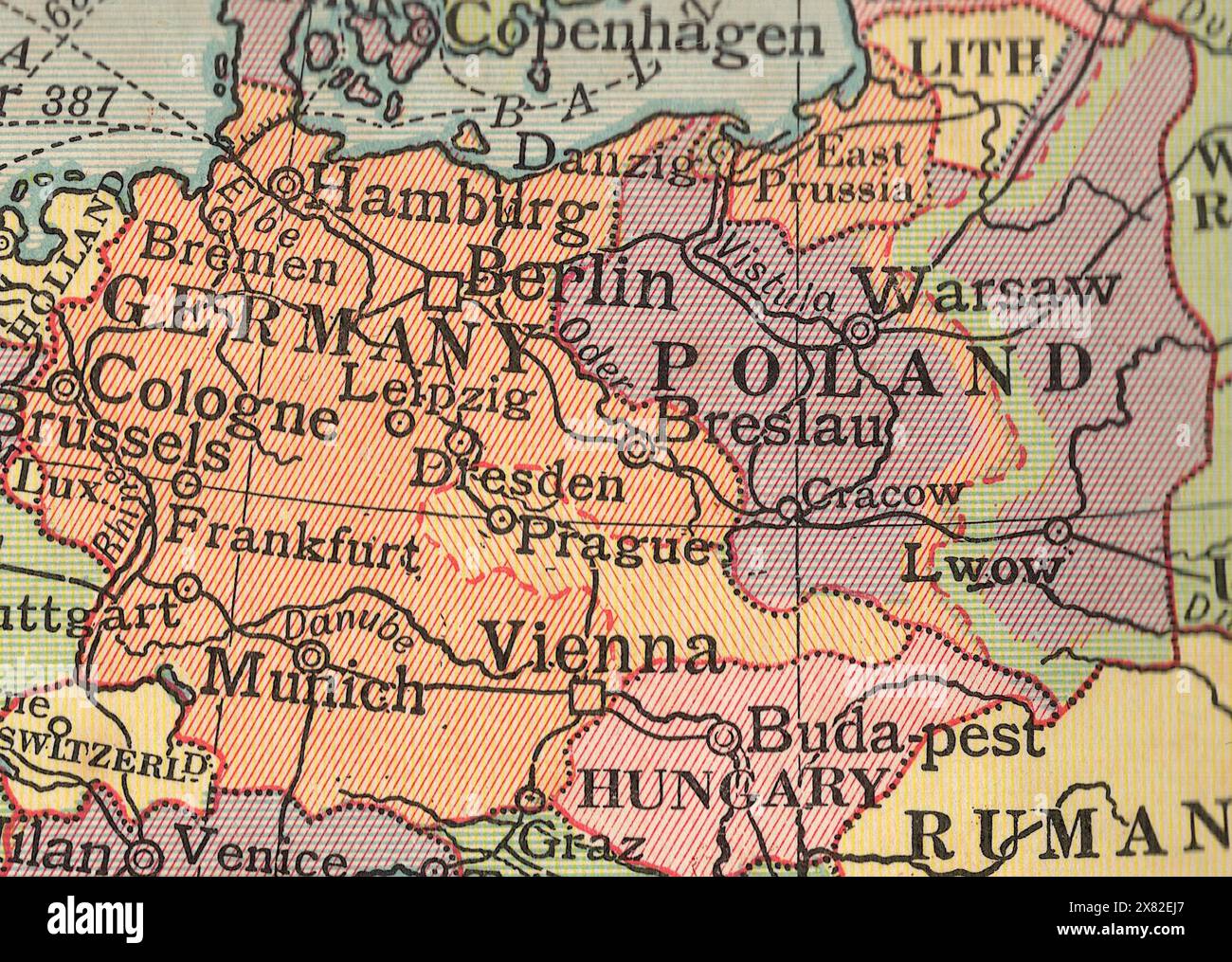 Dettaglio da una mappa politica d'epoca dell'Europa che mostra Germania e Polonia. Foto Stock