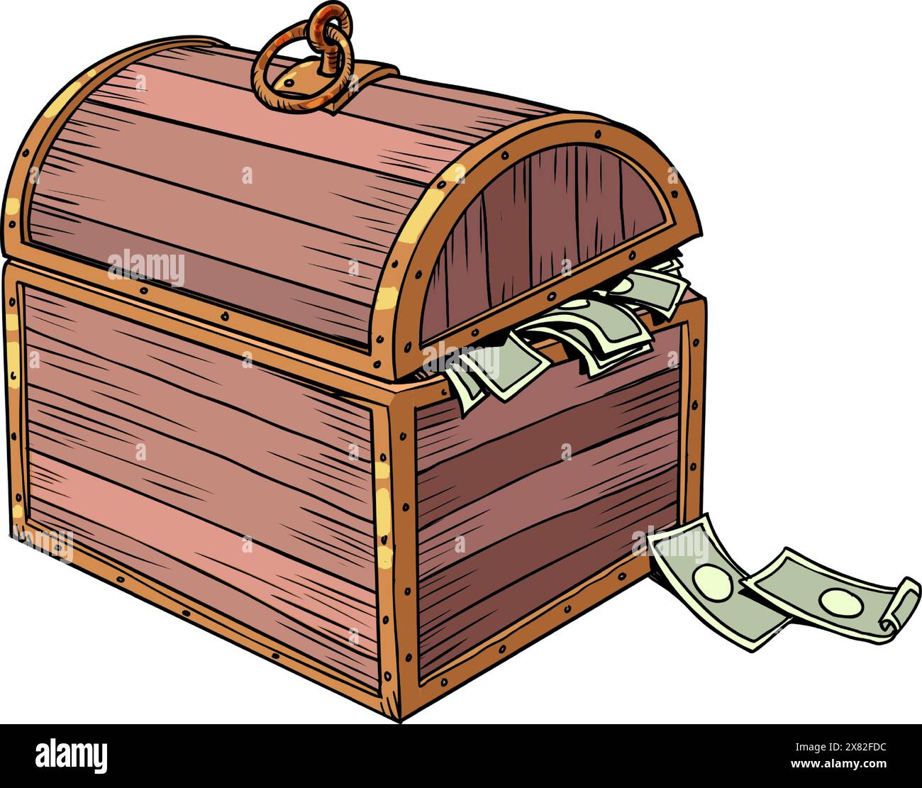 Cassa di lusso in legno con soldi. Risparmi finanziari che si accumulano. Ricchezza sotto chiave. Pop Art retro Vector Illustration Kitsch Vintage anni '50 anni '60 Illustrazione Vettoriale