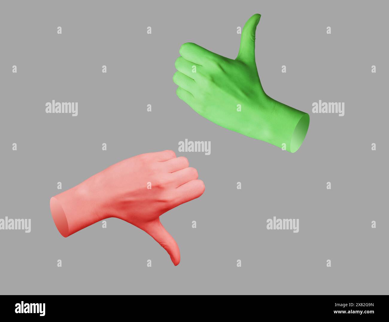 Feedback sui social media, gesti delle mani di tipo e antipatia. Collage artistico astratto di pollici su e giù, colori rosso e verde che esprimono emozioni. Votazioni, Foto Stock