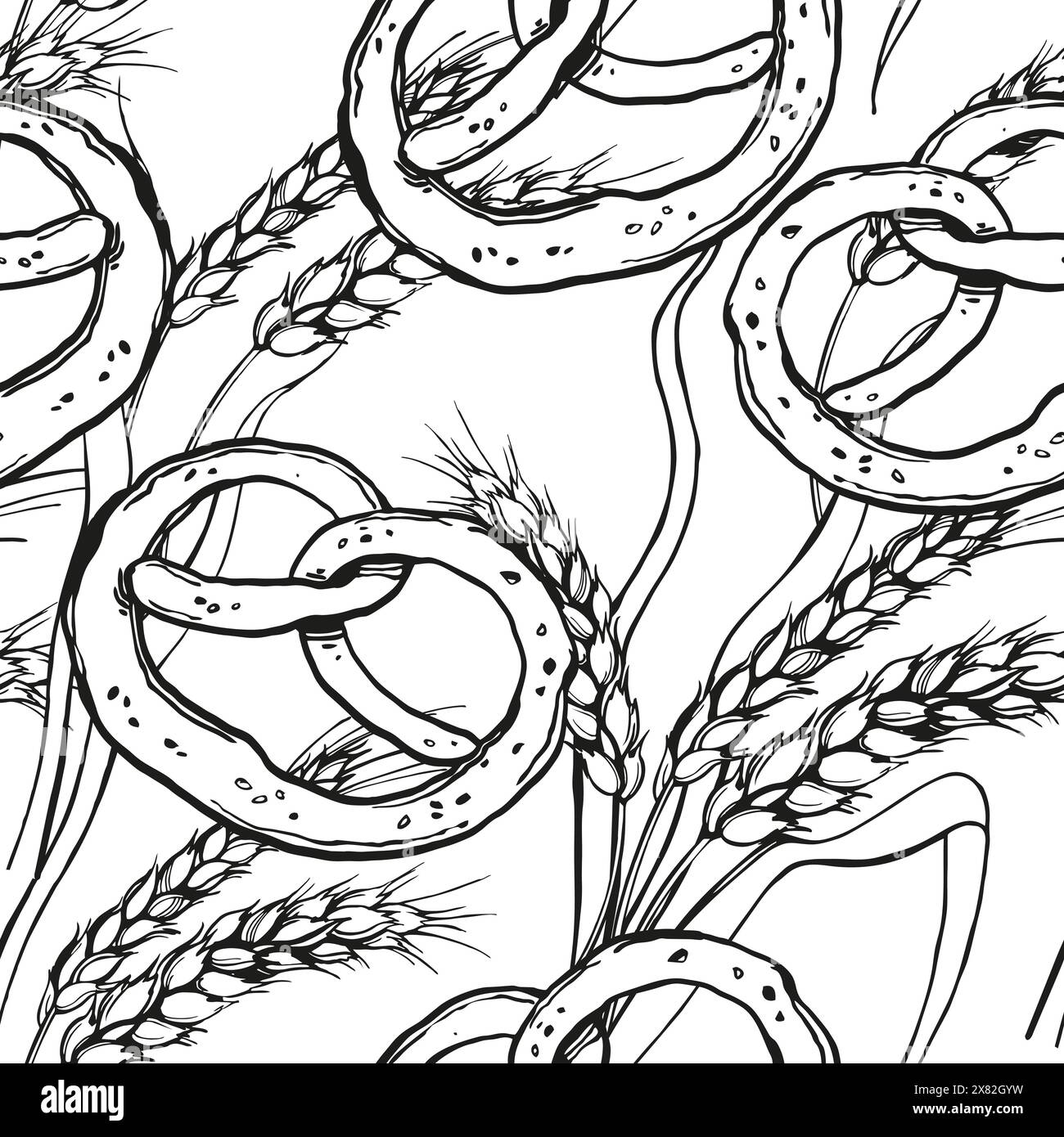 modello vettoriale senza cuciture di orecchie di grano, pretzel di panetteria o brezel, schizzo disegnato a mano di pane croccante con rami di semi di sesamo del grano, agricoltura Illustrazione Vettoriale
