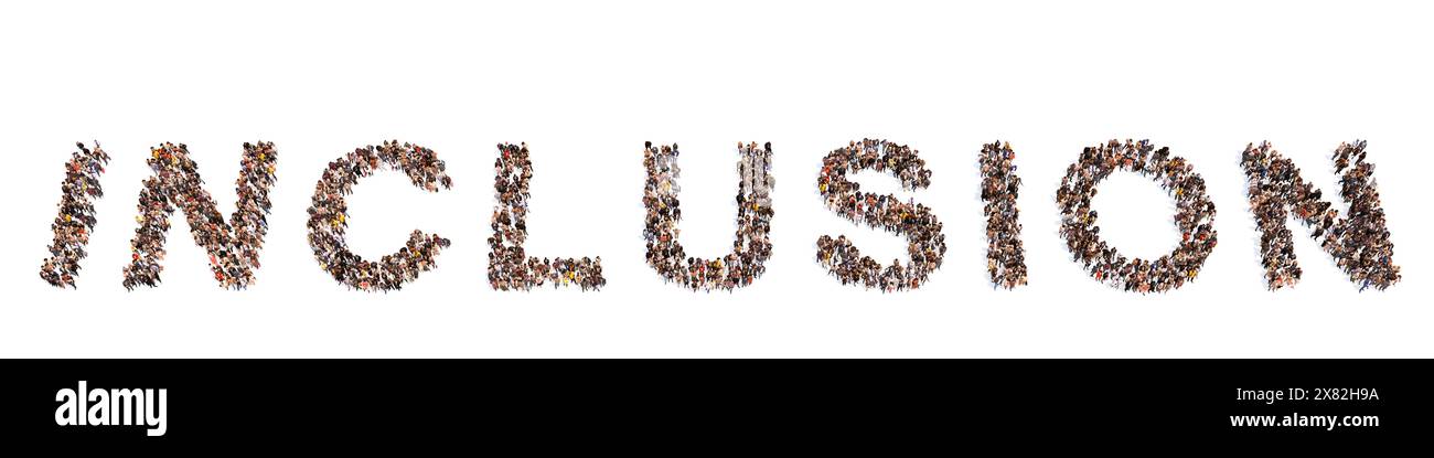 Grande comunità concettuale di persone che formano parola DI INCLUSIONE. 3d metafora illustrativa per la diversità, l'uguaglianza, l'integrazione, la comunità, l'istruzione Foto Stock