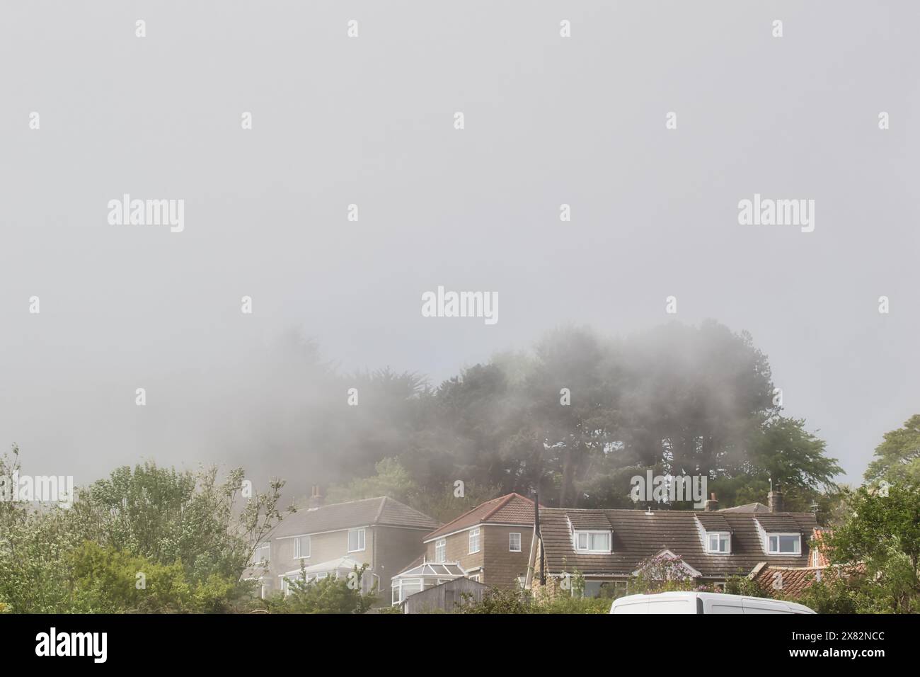 Una mattinata nebbiosa in un quartiere periferico con case parzialmente oscurate da nebbia e alberi sullo sfondo. Foto Stock Una mattinata nebbiosa in un quartiere periferico con case parzialmente oscurate da nebbia e alberi sullo sfondo. Foto Stock