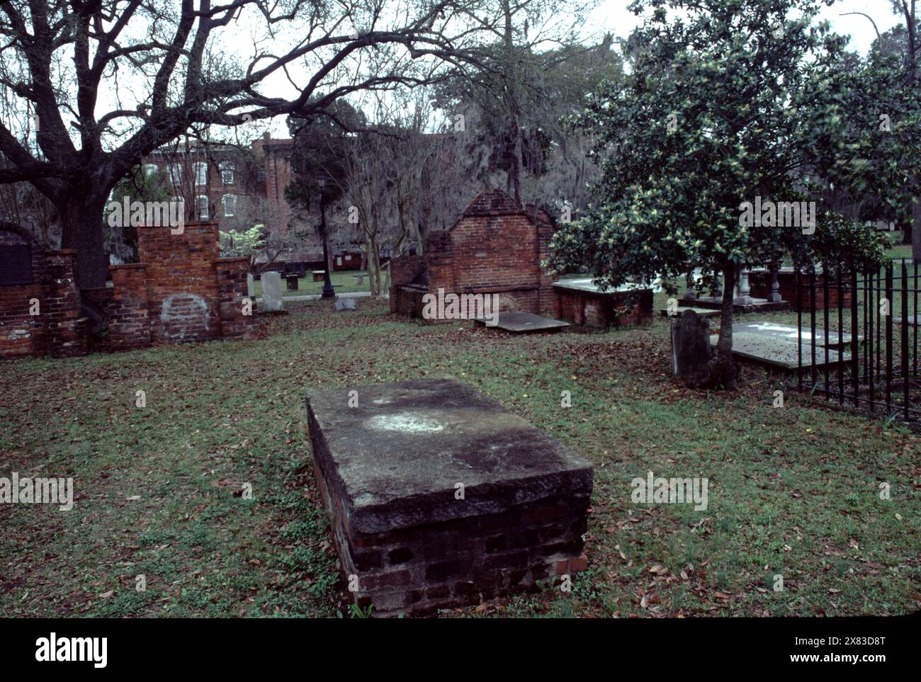 Savannah, Georgia, Stati Uniti. 1983. Colonial Park Cemetery è un cimitero coloniale americano situato nel centro di Savannah, Georgia. Un parco cittadino nel 1896. Il cimitero fu fondato nel 1750, quando Savannah era la capitale della provincia britannica della Georgia, ultima delle tredici colonie. Button Gwinnett (1735–1777), firmatario del monumento alla dichiarazione di indipendenza, parla della storia coloniale americana del Colonial Park Cemetery! Foto Stock