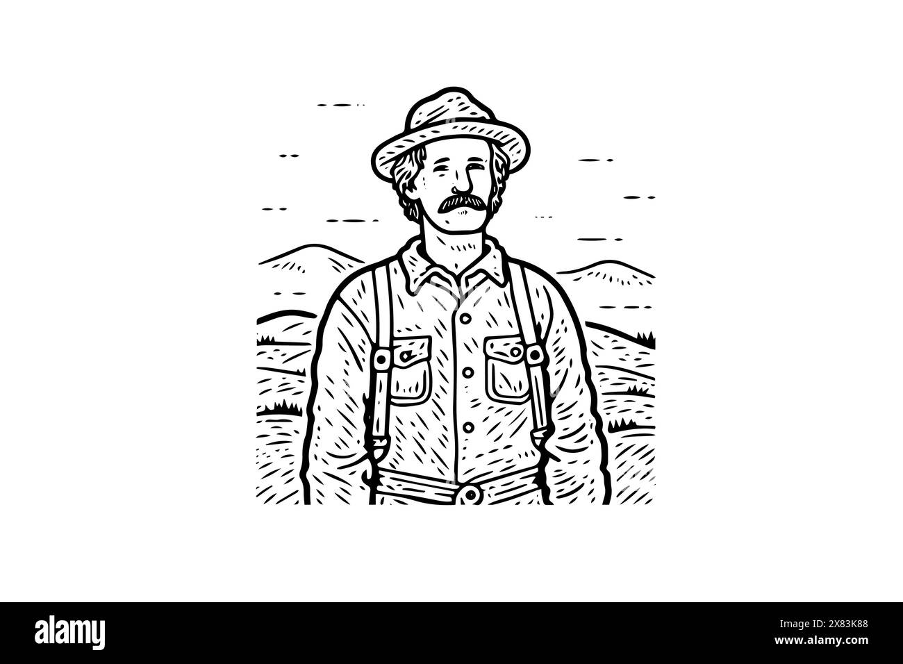 Vintage Farmer Sketch: Illustrated Vector Portrait of a Rural Worker. Illustrazione Vettoriale