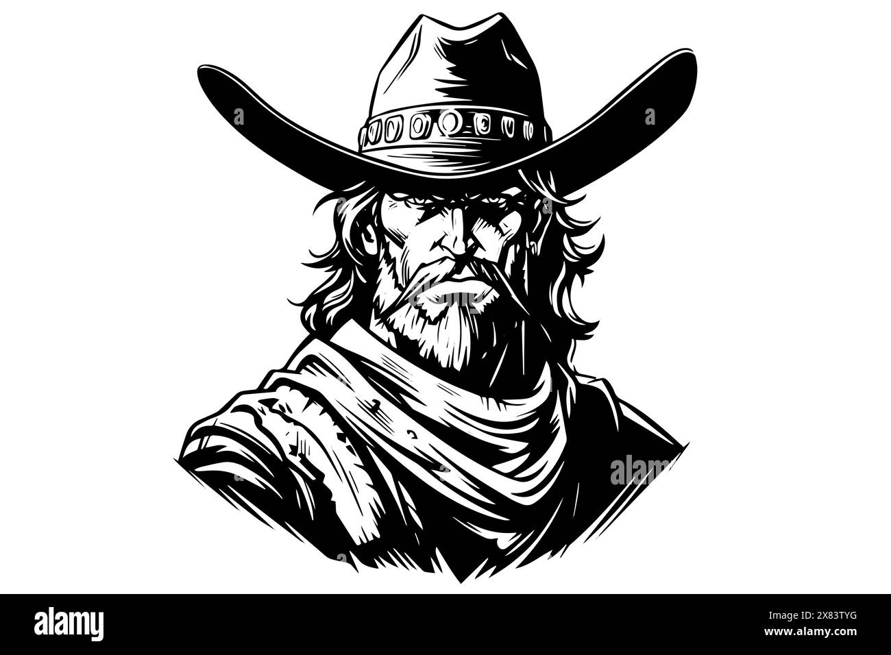 Busto dello sceriffo da cowboy o testa su cappello in stile incisivo. Schizzo a inchiostro disegnato a mano. Illustrazione vettoriale. Illustrazione Vettoriale