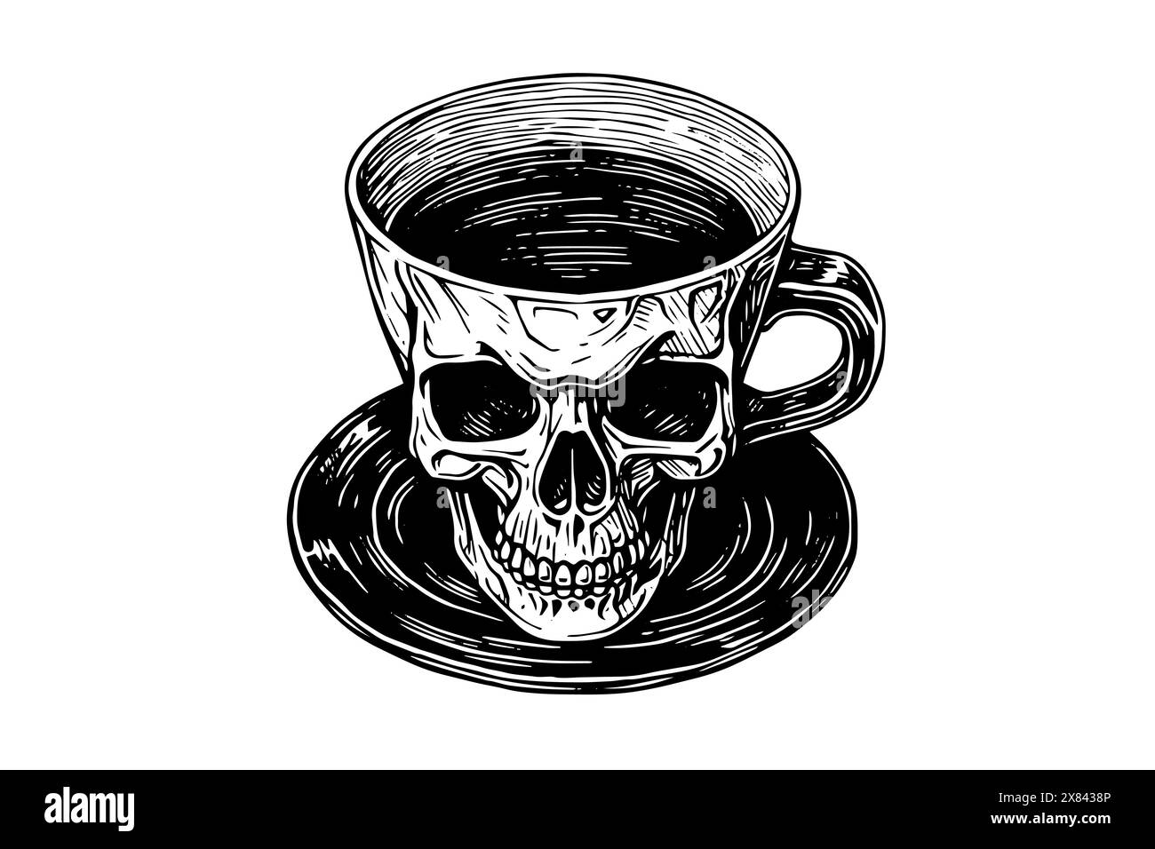 Tazza per cranio con schizzo di inchiostro disegnato a mano. Illustrazione vettoriale incisa. Illustrazione Vettoriale