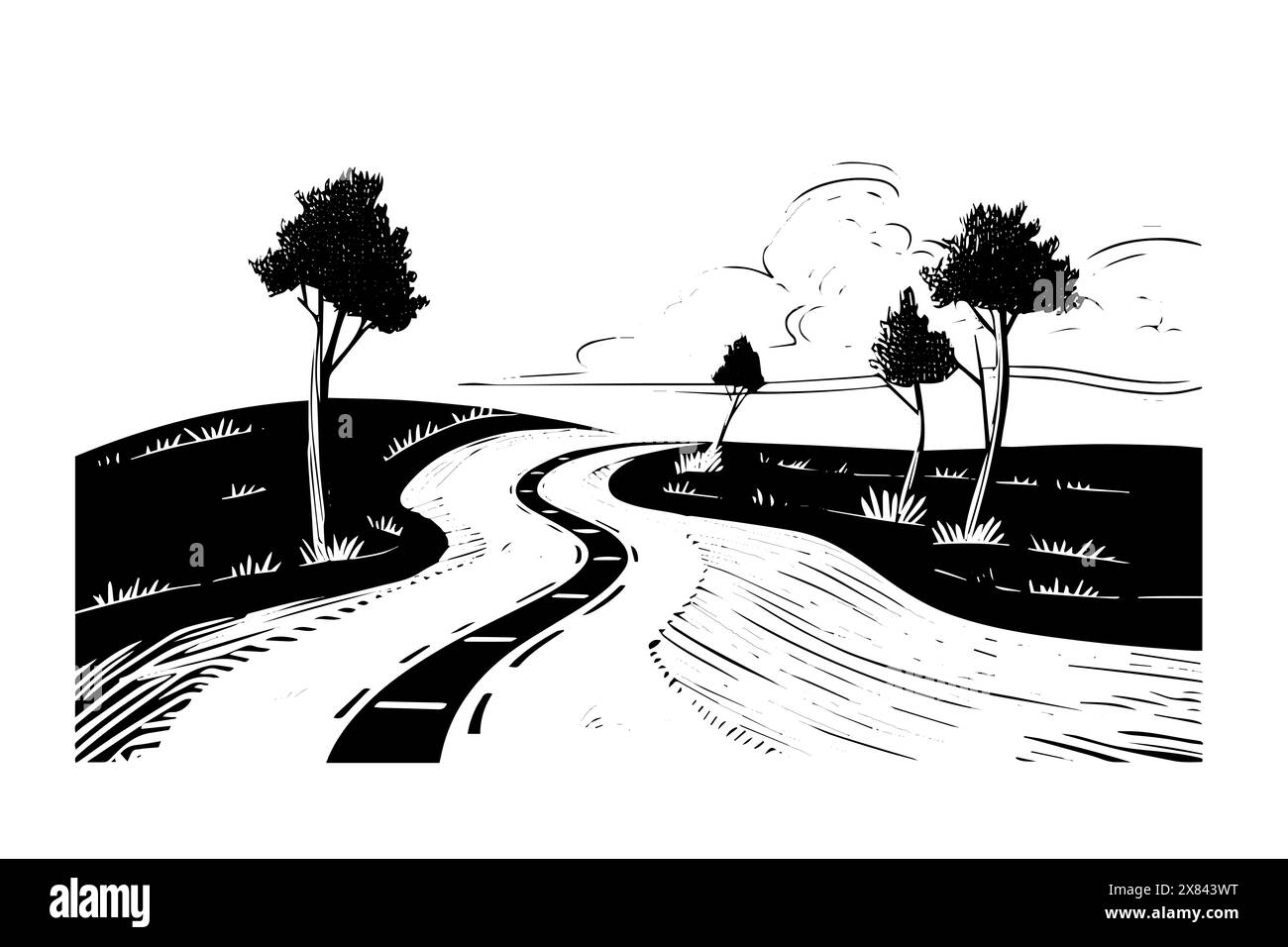 Semplice disegno a mano su strada con inchiostri e paesaggi autostradali. Illustrazione vettoriale incisa. Illustrazione Vettoriale
