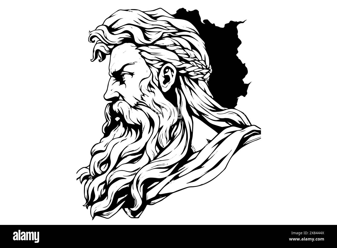 Schizzo con logo disegnato a mano con la testa Zeus. Illustrazione vettoriale incisa. Illustrazione Vettoriale