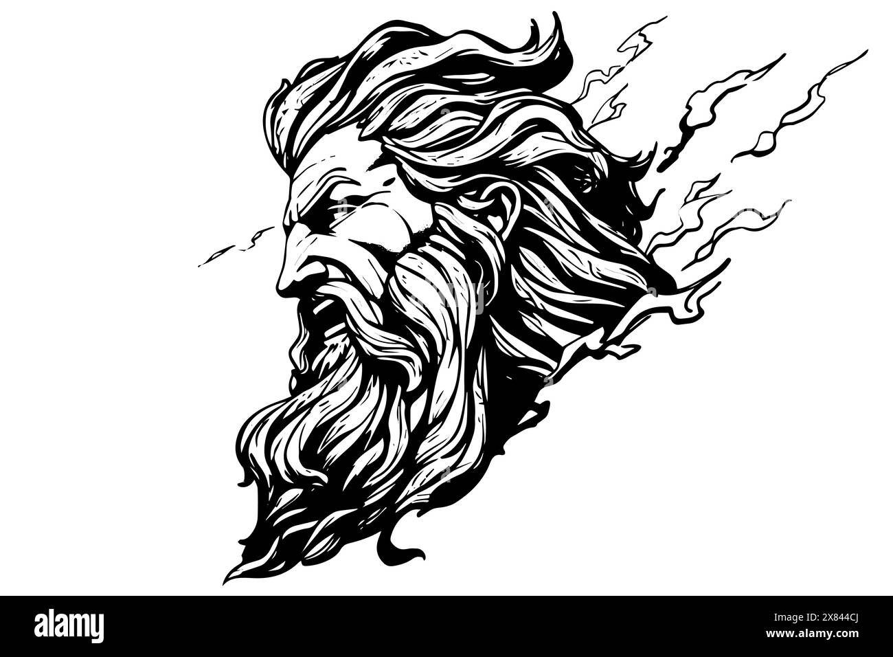 Schizzo con logo disegnato a mano con la testa Zeus. Illustrazione vettoriale incisa. Illustrazione Vettoriale