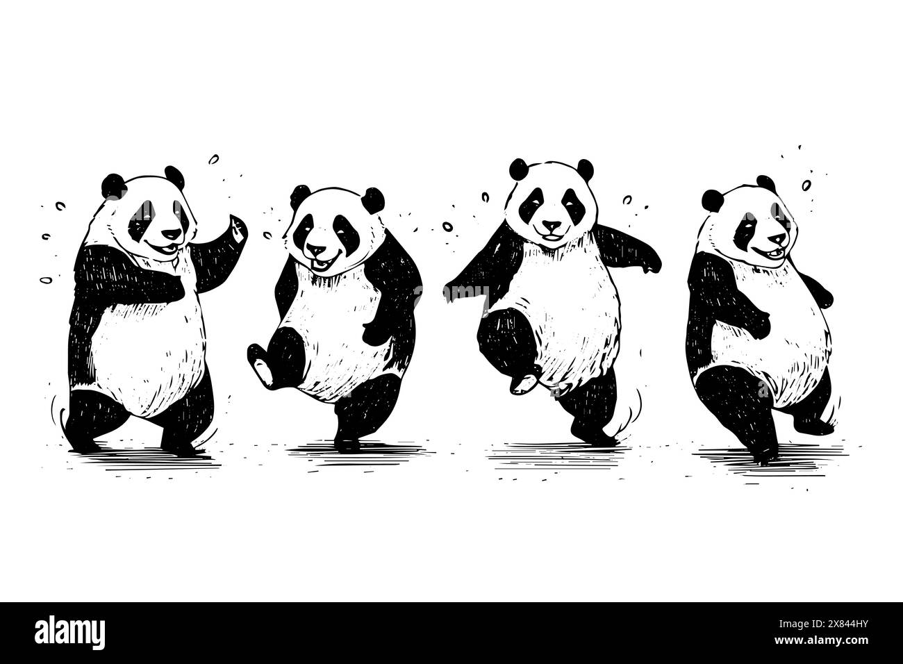 Set di panda danzante disegnato a mano con inchiostro. Illustrazione vettoriale incisa. Illustrazione Vettoriale