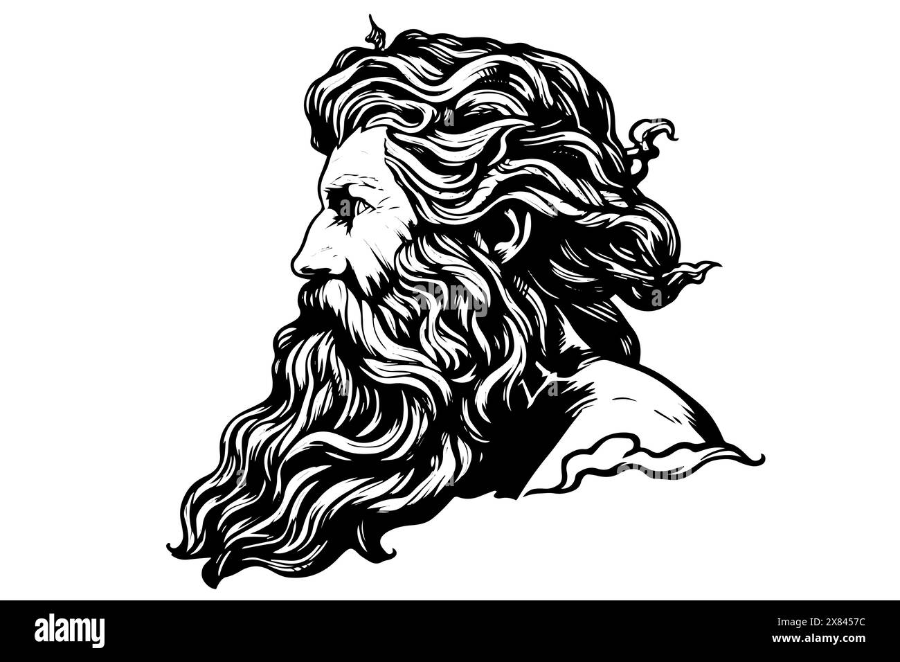 Schizzo con logo disegnato a mano con la testa Zeus. Illustrazione vettoriale incisa. Illustrazione Vettoriale