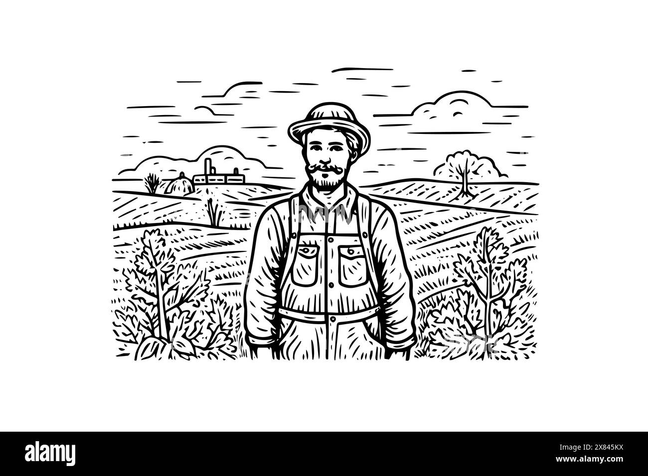 Vintage Farmer Sketch: Illustrated Vector Portrait of a Rural Worker. Illustrazione Vettoriale