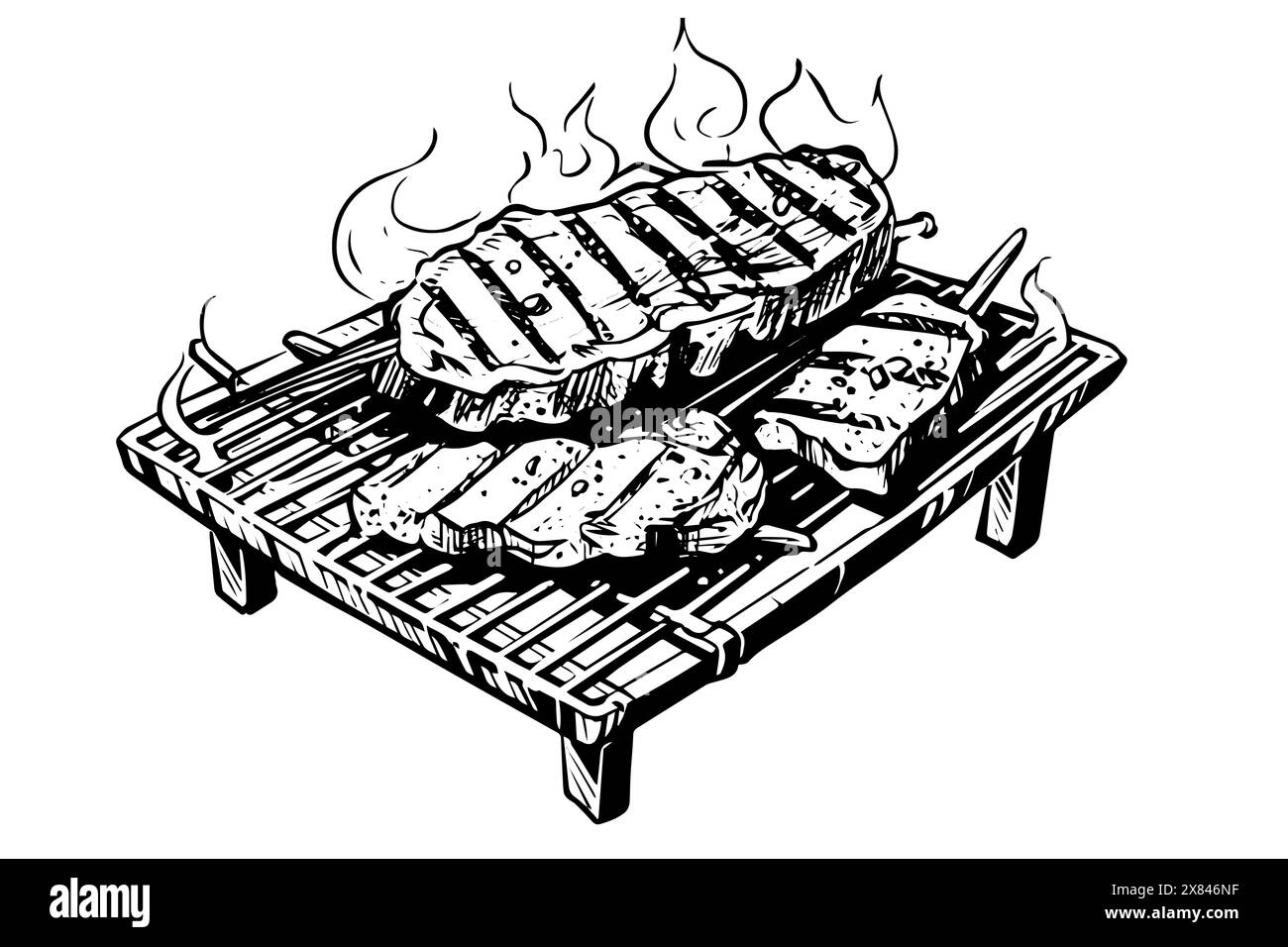 Bistecca incisa in stile schizzo su sfondo bianco. Illustrazione vettoriale vintage. Illustrazione Vettoriale