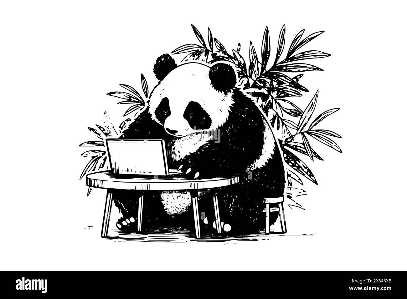 Panda lavora su un computer portatile disegnato a mano con inchiostro. Illustrazione vettoriale. Illustrazione Vettoriale