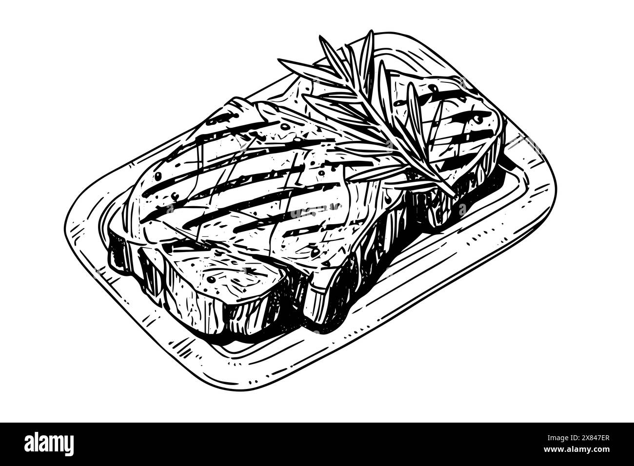 Bistecca incisa in stile schizzo su sfondo bianco. Illustrazione vettoriale vintage. Illustrazione Vettoriale