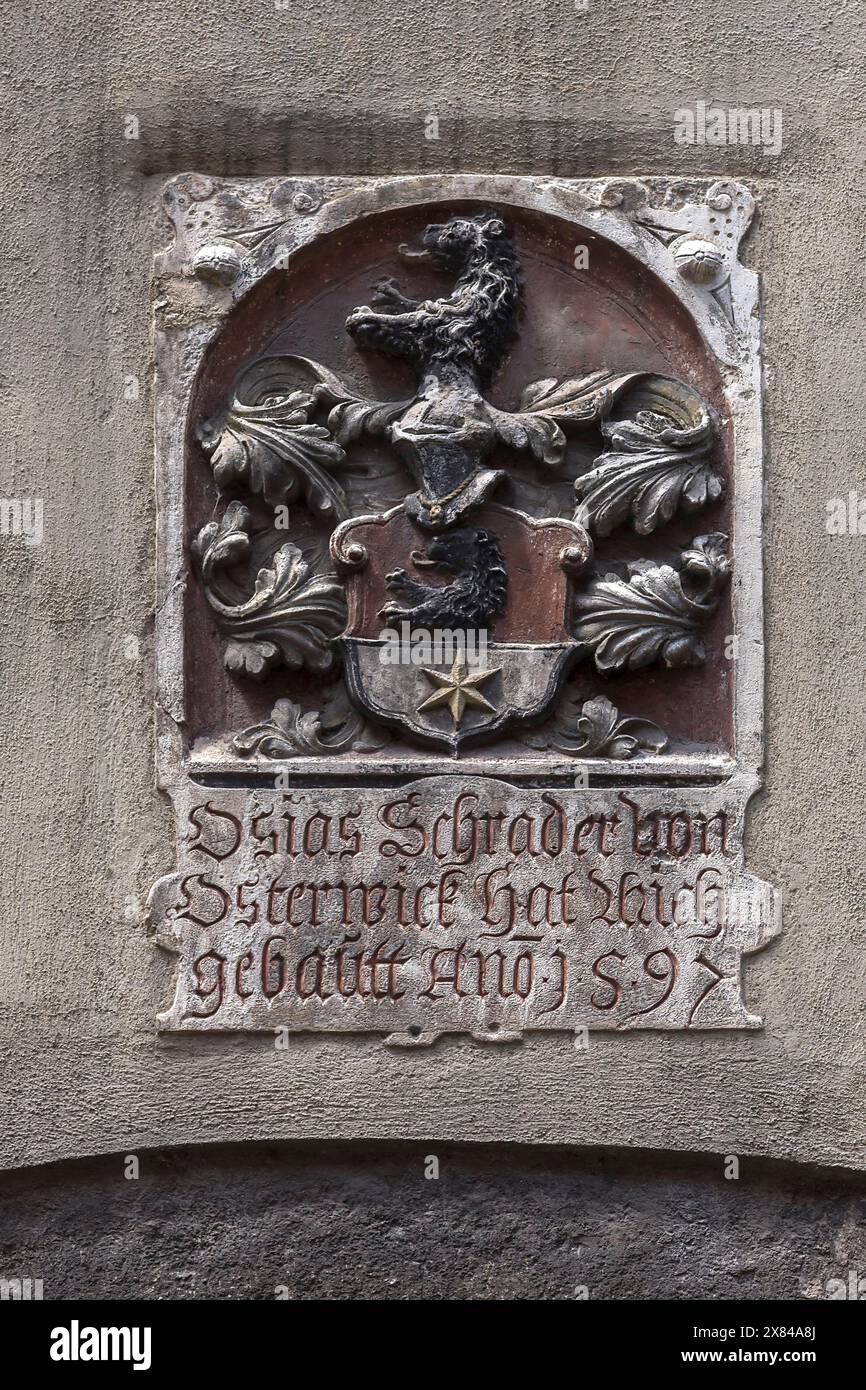 Stemma del costruttore della casa dal 1597, Ratisbona, alto Palatinato, Baviera, Germania Foto Stock