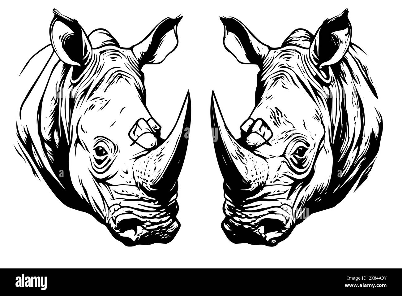 Logotipo di inchiostro disegnato a mano dalla testa della mascotte Rhino. Schizzo di stile inciso. Illustrazione vettoriale. Illustrazione Vettoriale