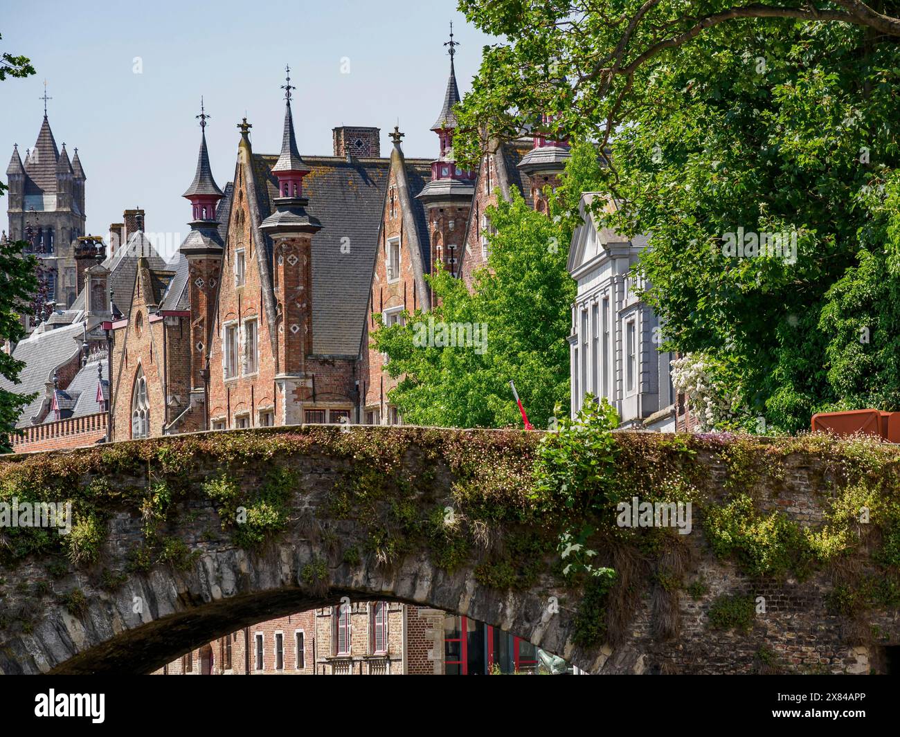 Ponte di pietra su un canale con edifici storici e torri sullo sfondo, alberi verdi in estate, vecchie facciate di case storiche con torri e. Foto Stock