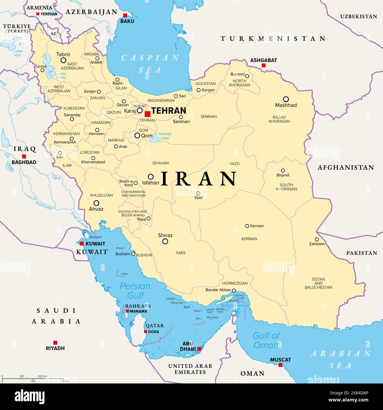 Iran, mappa politica con province, confini, capitale Teheran e grandi città. La Repubblica Islamica dell'Iran, IRI, nota anche come Persia. Foto Stock