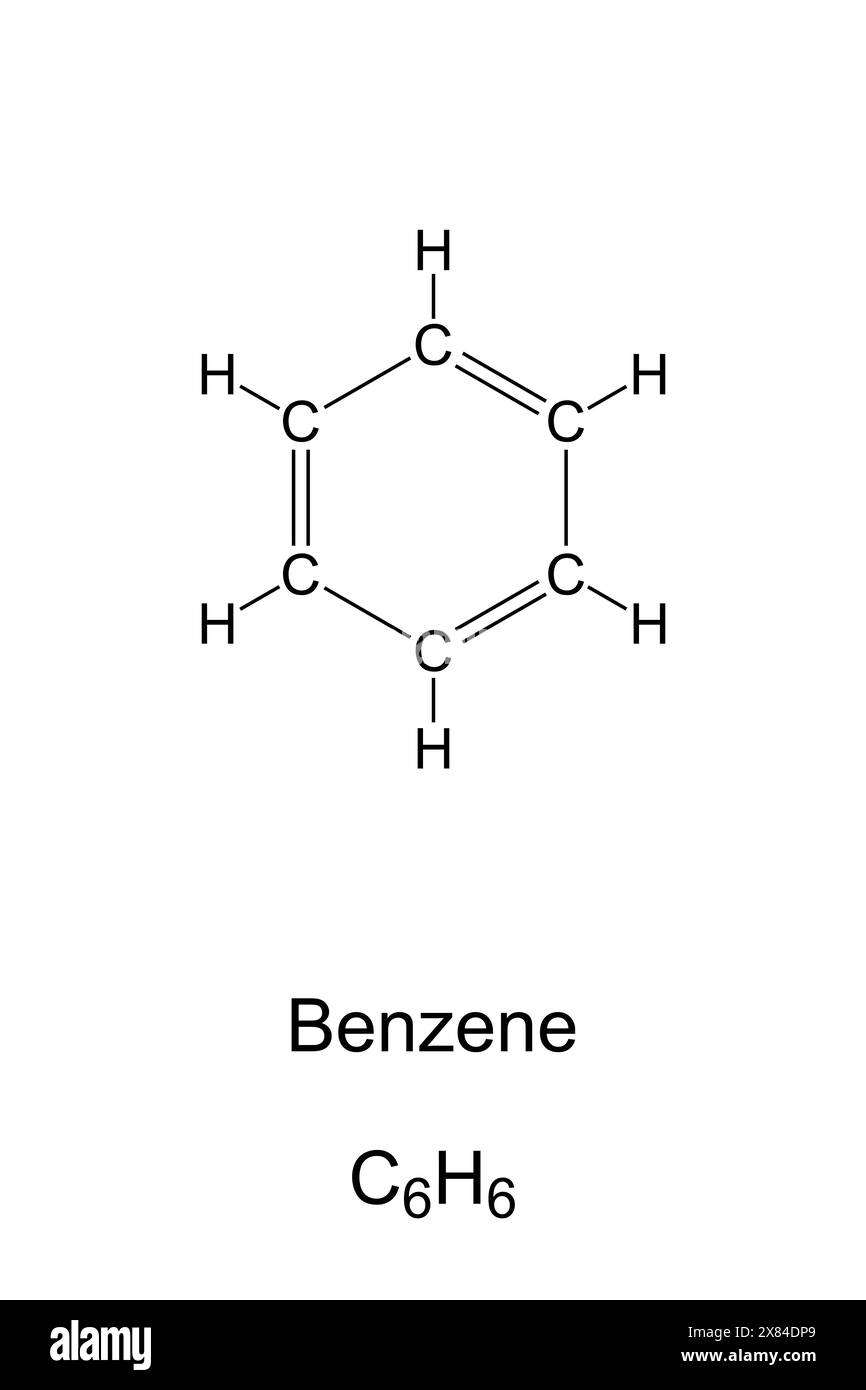 Benzene, C6H6, formula chimica e struttura scheletrica. Composto chimico organico e idrocarburi, composto da 6 atomi di carbonio Uniti in un anello. Foto Stock