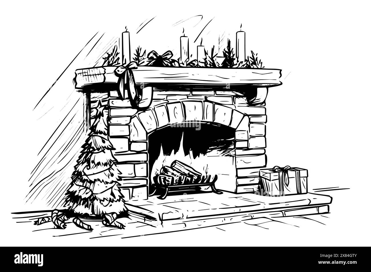 Caminetto con illustrazione di uno schizzo vintage del fuoco. Legna da ardere, legna, mattoni all'interno. Illustrazione Vettoriale