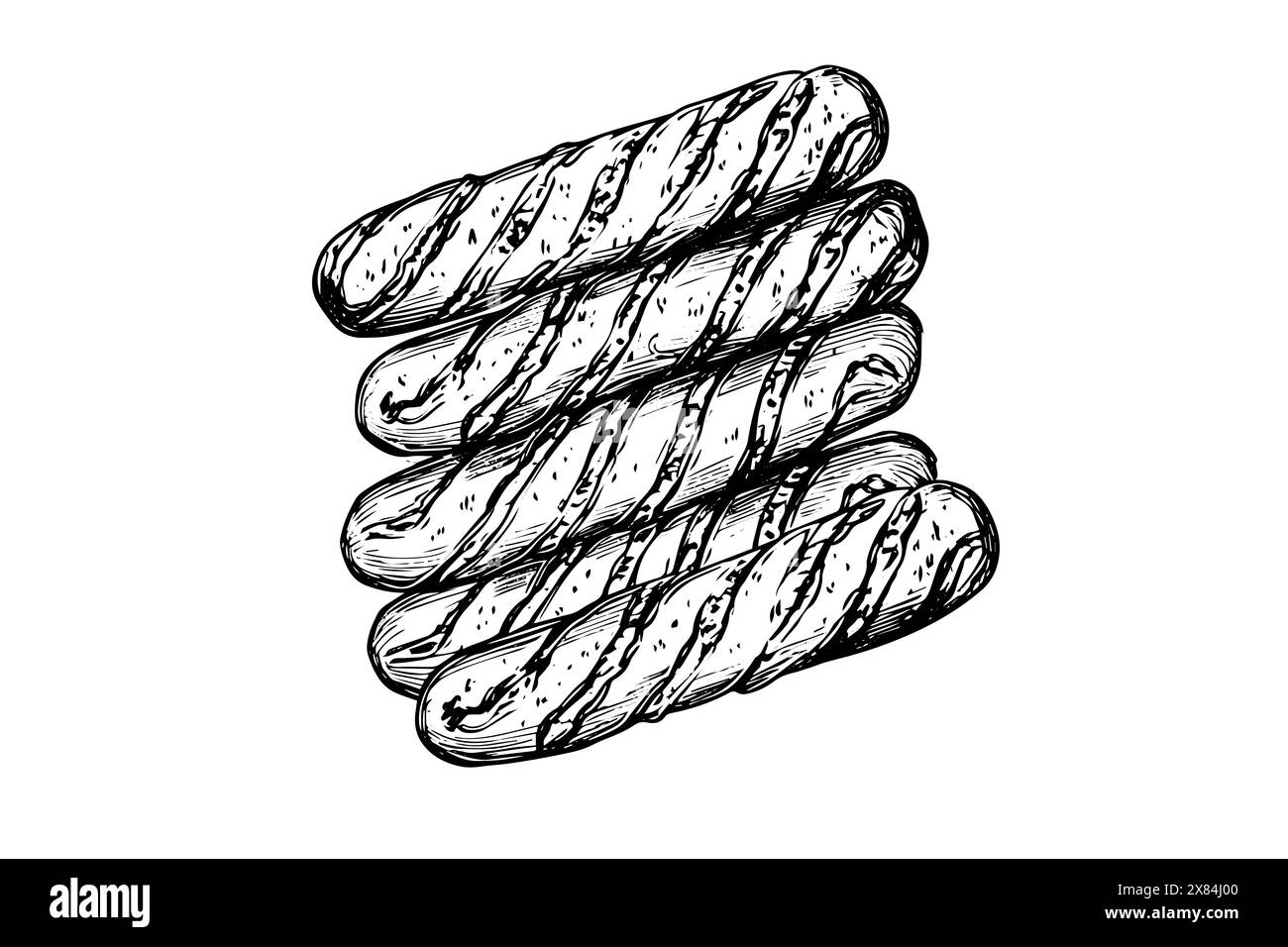Le salsicce disegnano in stile doodle su sfondo bianco. Illustrazione vettoriale disegnata a mano. Illustrazione Vettoriale