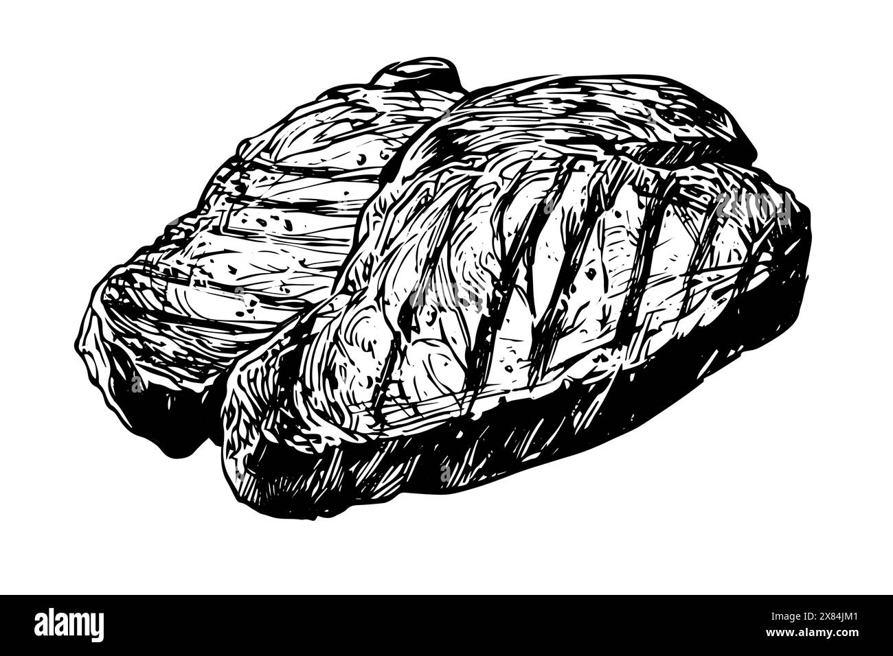 Bistecca incisa in stile schizzo su sfondo bianco. Illustrazione vettoriale vintage. Illustrazione Vettoriale