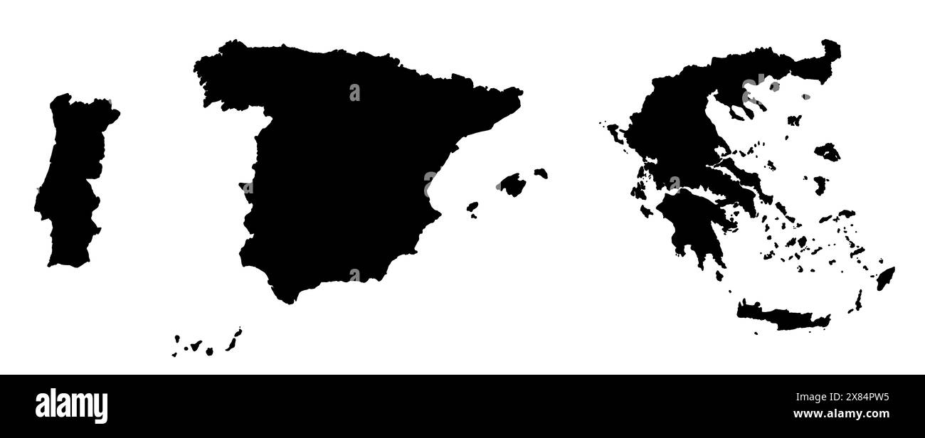 Silhouette nera di Spagna, Portogallo e Grecia. Illustrazione della mappa dei paesi europei. Foto Stock