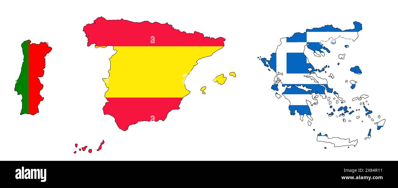 Mappa di Spagna, Portogallo e Grecia in colori nazionali. Illustrazione della mappa dei paesi europei. Foto Stock