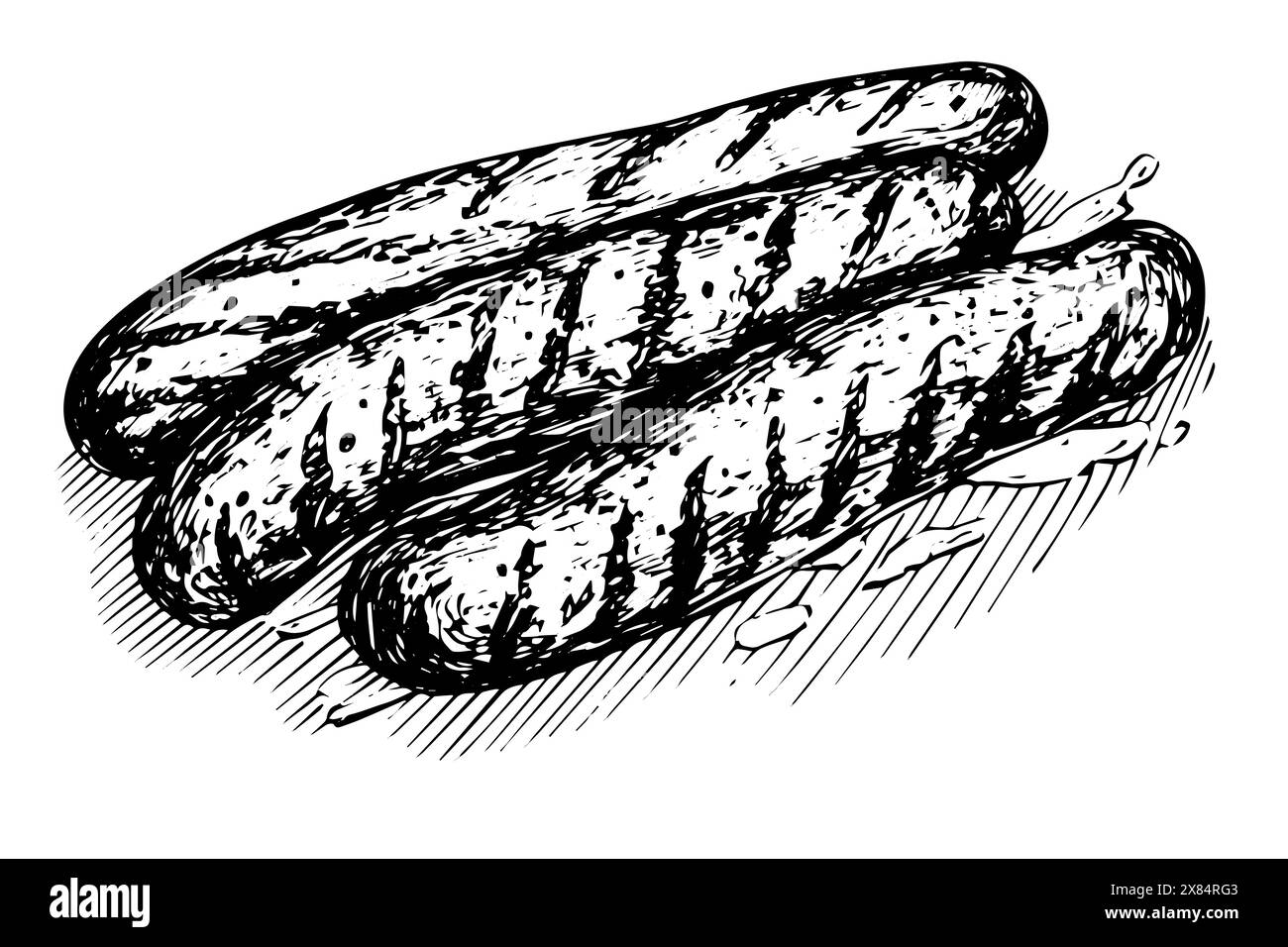 Le salsicce disegnano in stile doodle su sfondo bianco. Illustrazione vettoriale disegnata a mano. Illustrazione Vettoriale