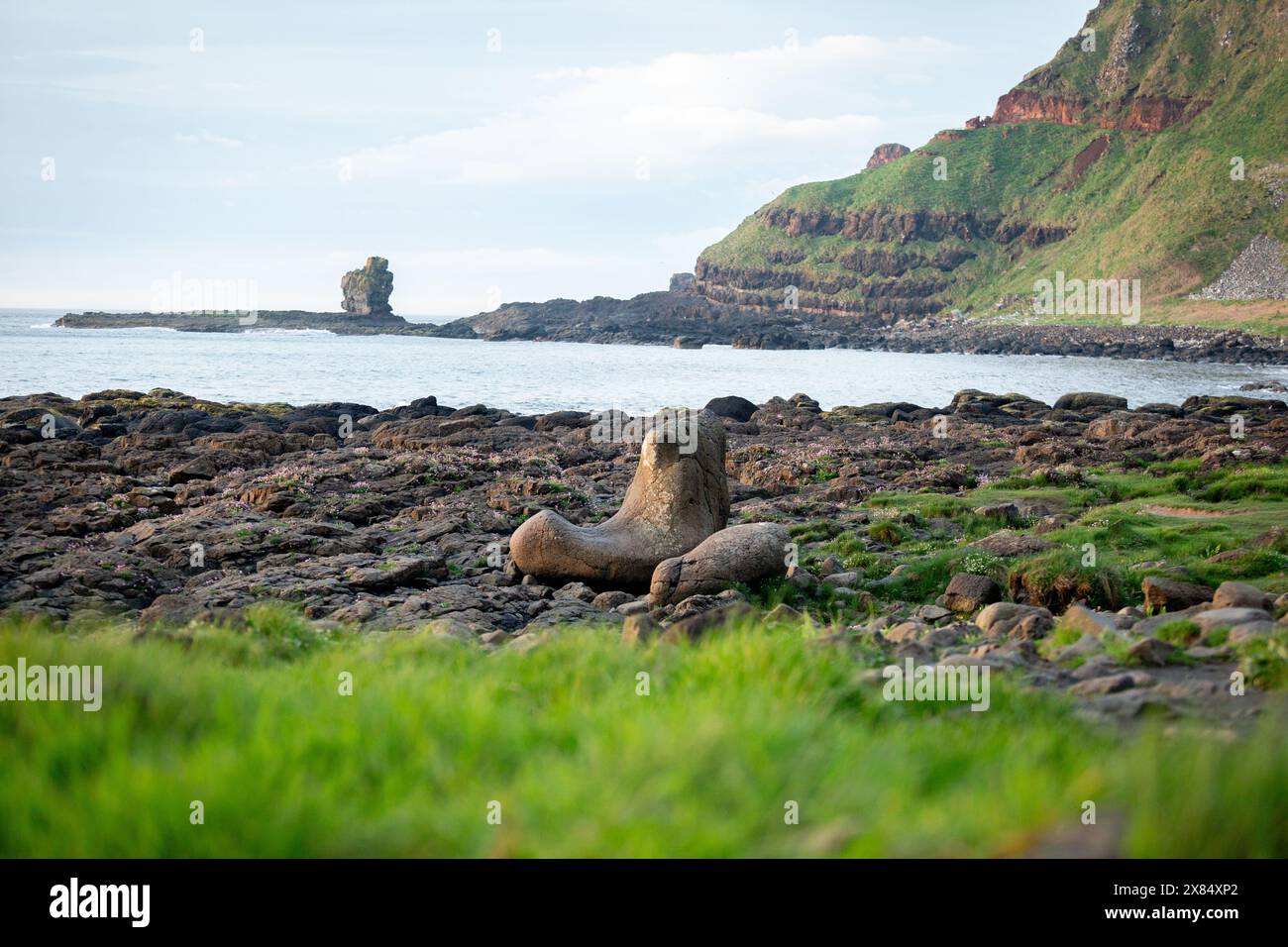 La formazione Giant's Boot Rock al Giant's Causeway nell'Irlanda del Nord Foto Stock