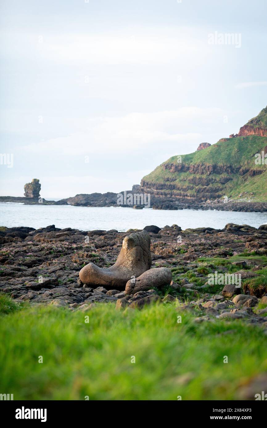 La formazione Giant's Boot Rock al Giant's Causeway nell'Irlanda del Nord Foto Stock